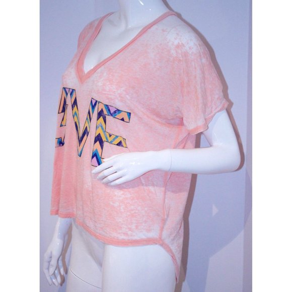 SIGNORELLI V-Neck TEE SHIRT Light Orange " LIVE " ZigZag Print TOP S - Picture 2 of 2